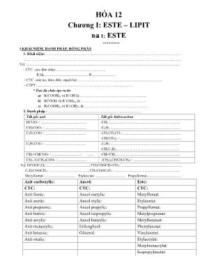 Bài tập điền khuyết môn Hóa học Lớp 12 - Chương I Este  Lipit